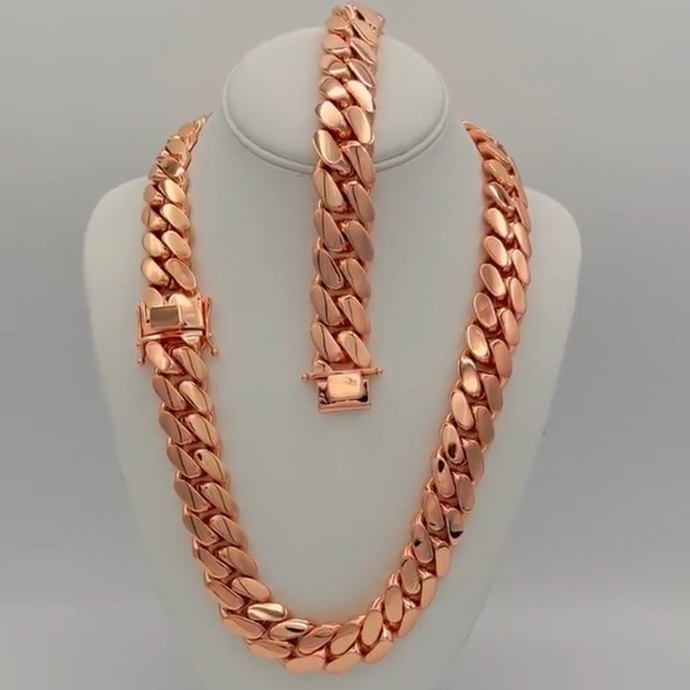 Set Chain & Bracelet 20mm Miami Cuban Link Pink Red Rose Gold Plated Chain